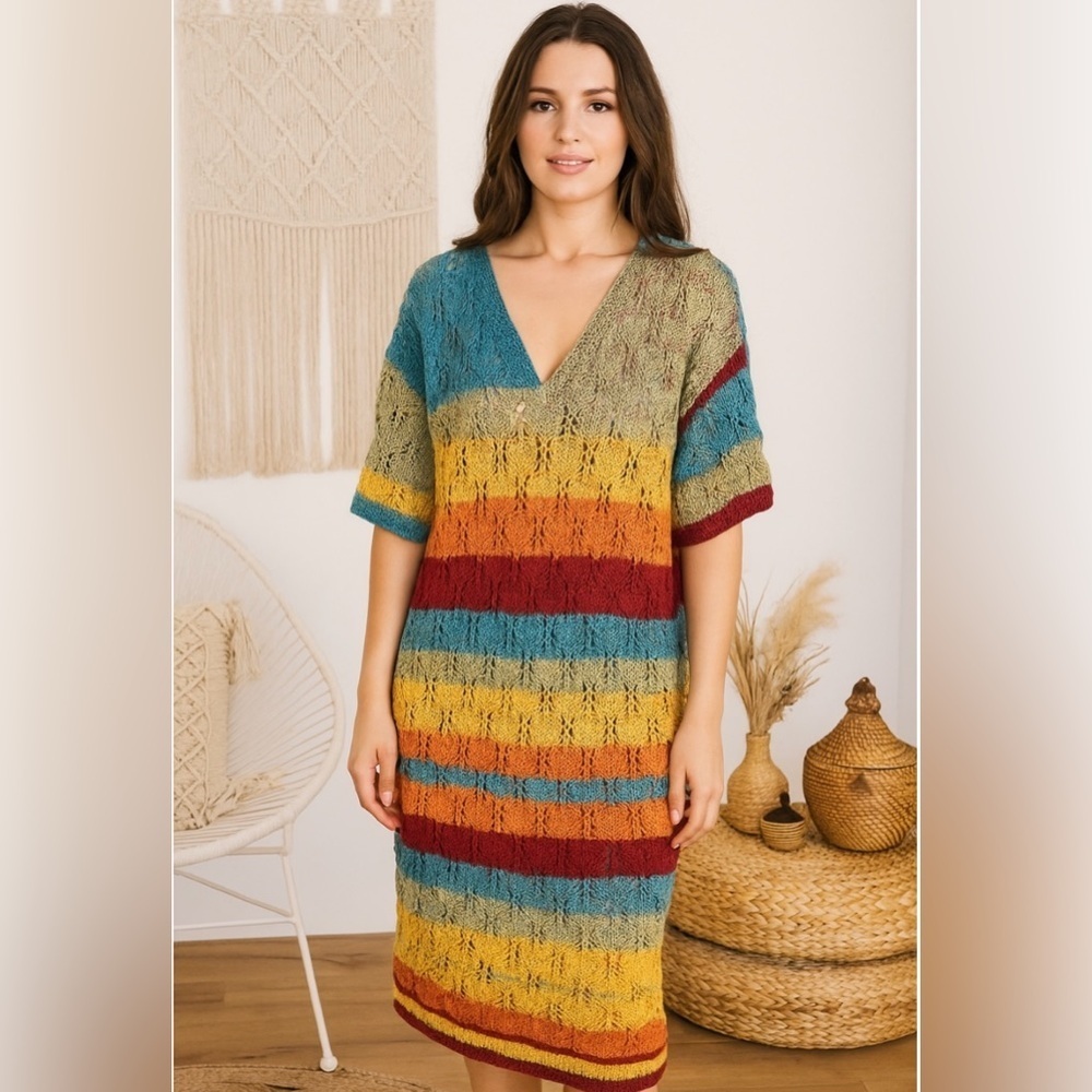 Handmade crochet rainbow mini v neck dress
